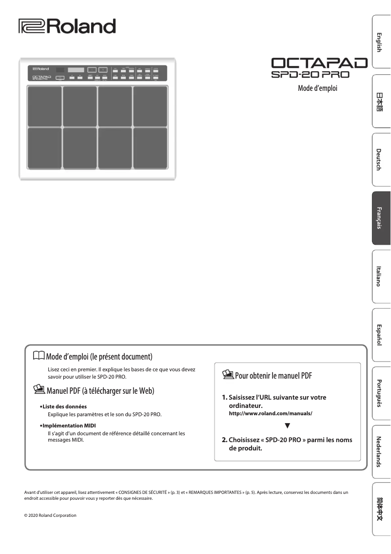 First page image of the manual for Octapad SPD-20 PRO