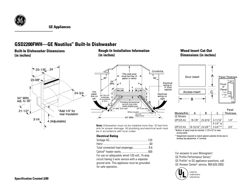 Page 1 of the manual Technical Sheet GE GSD2200FWH