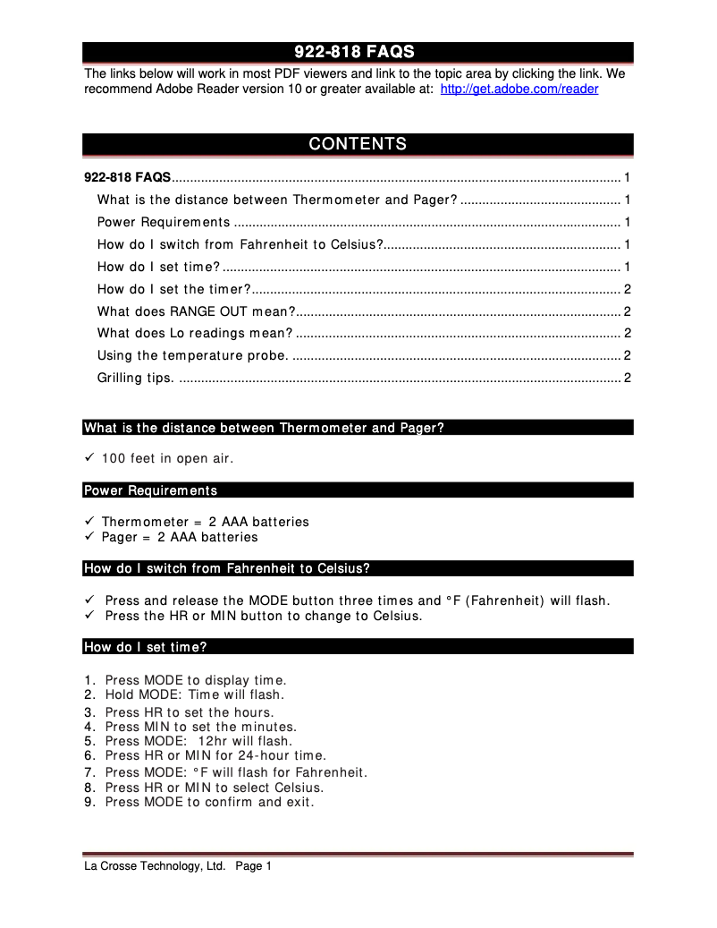 Page 1 of the manual FAQ La Crosse Technology 922-818