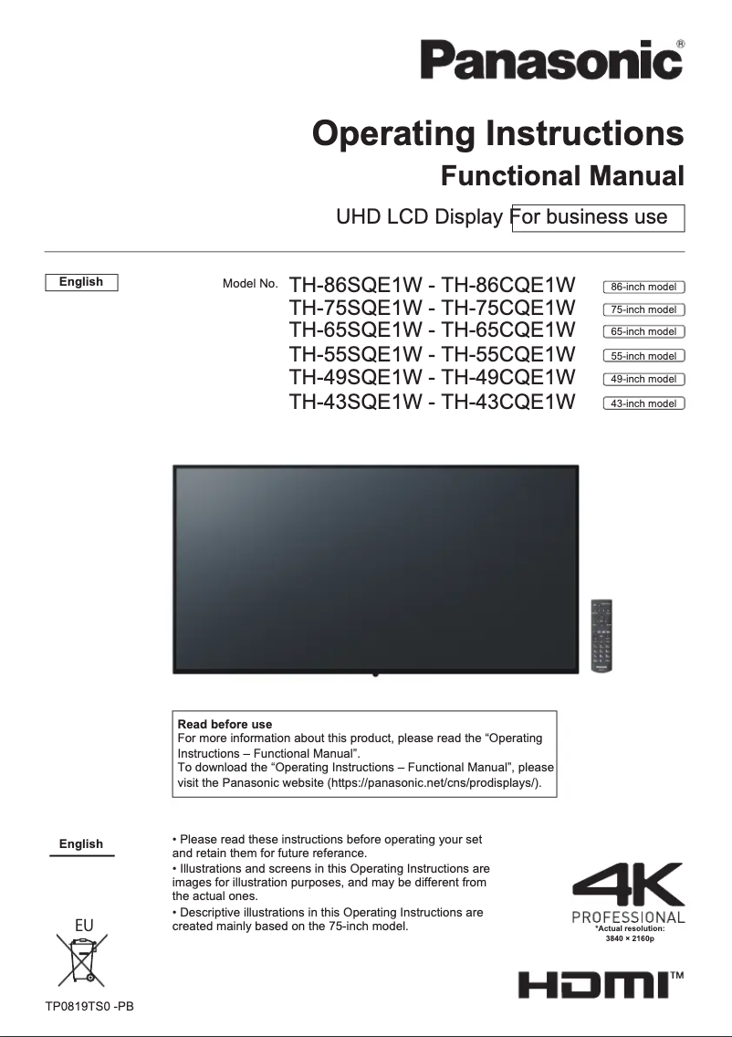 First page image of the manual for TH-65SQE1W