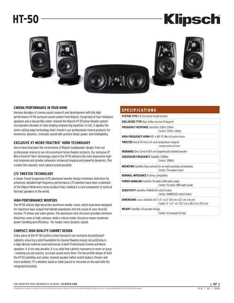 Page 1 of the manual Technical Sheet Klipsch HT-50