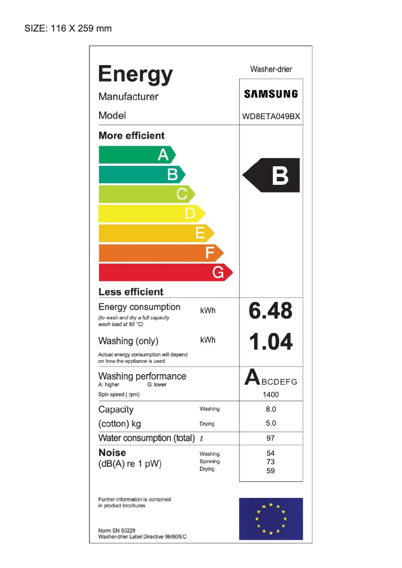 Page 1 of the manual Energy Label Samsung WD8ETA049BX
