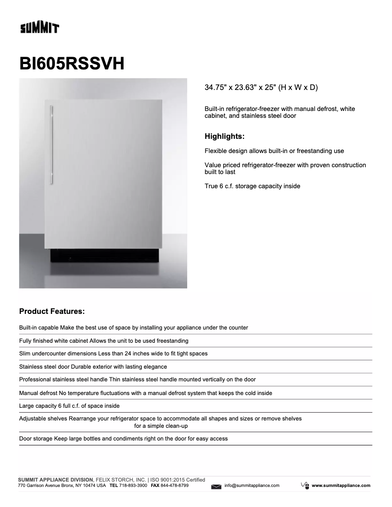 First page image of the manual for BI605RSSVH