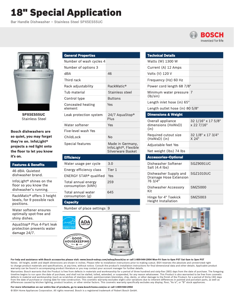 Page 1 of the manual Technical Sheet Bosch SPX68U55U