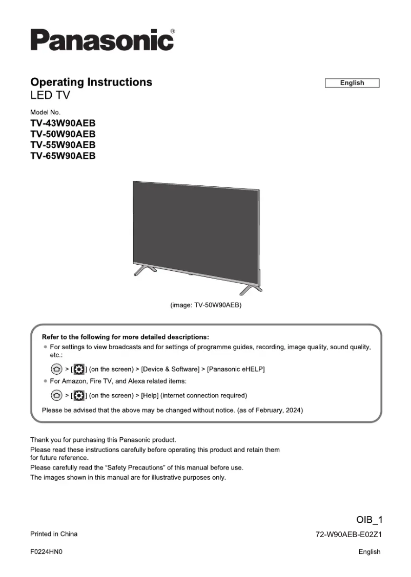 First page image of the manual for TV-65W90AEB