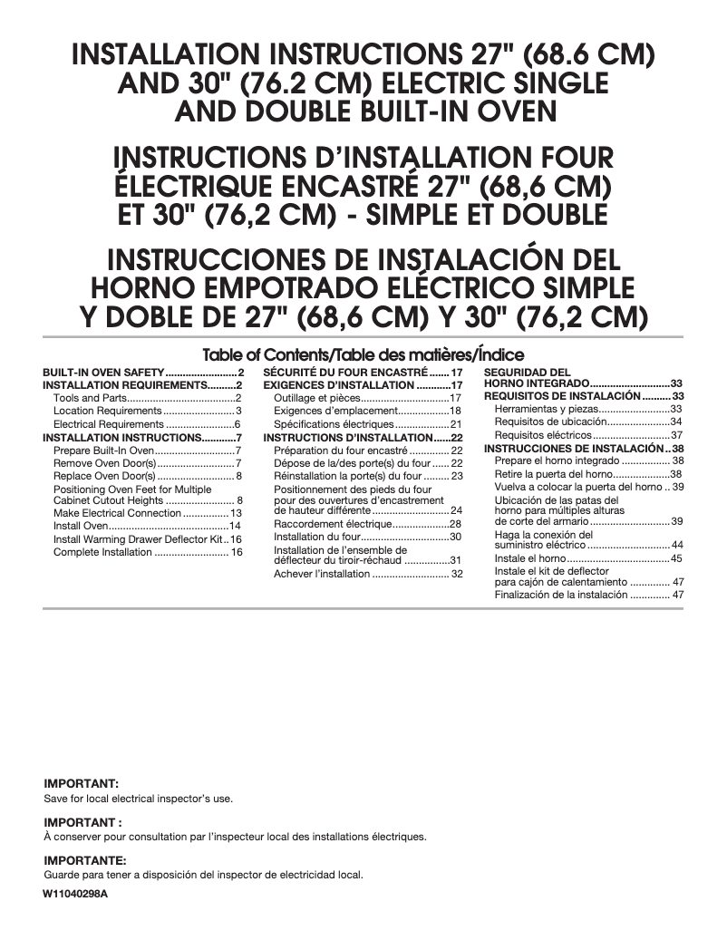 Page 1 of the manual Installation Guide Whirlpool WOS72EC0HS