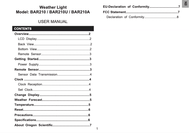 First page image of the manual for BAR 210
