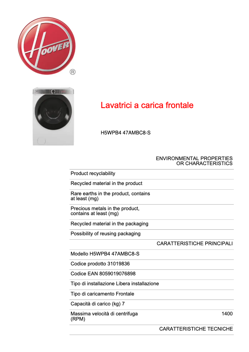 First page image of the manual for H5WPB49AMBC8/1-S