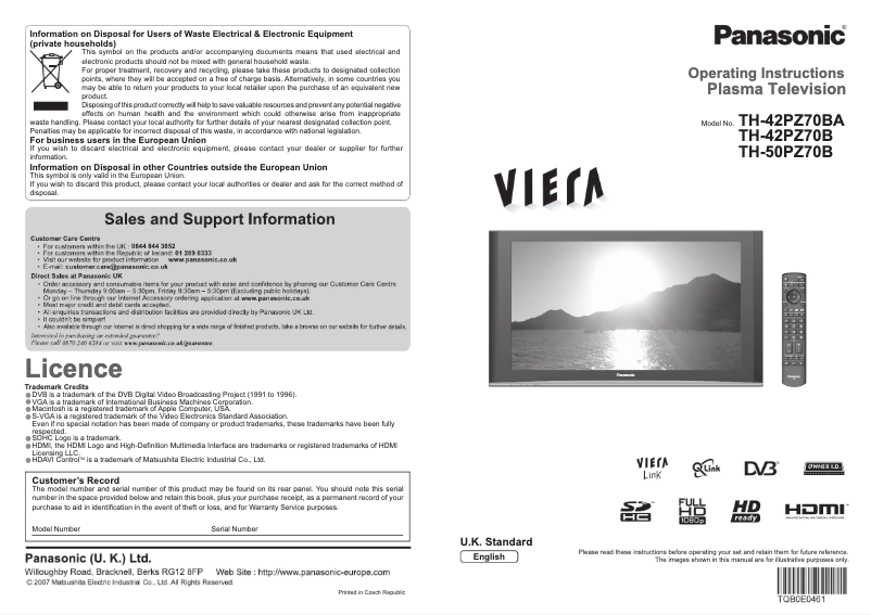 Page 1 of the manual User Manual Panasonic Viera TH-42PZ70BA