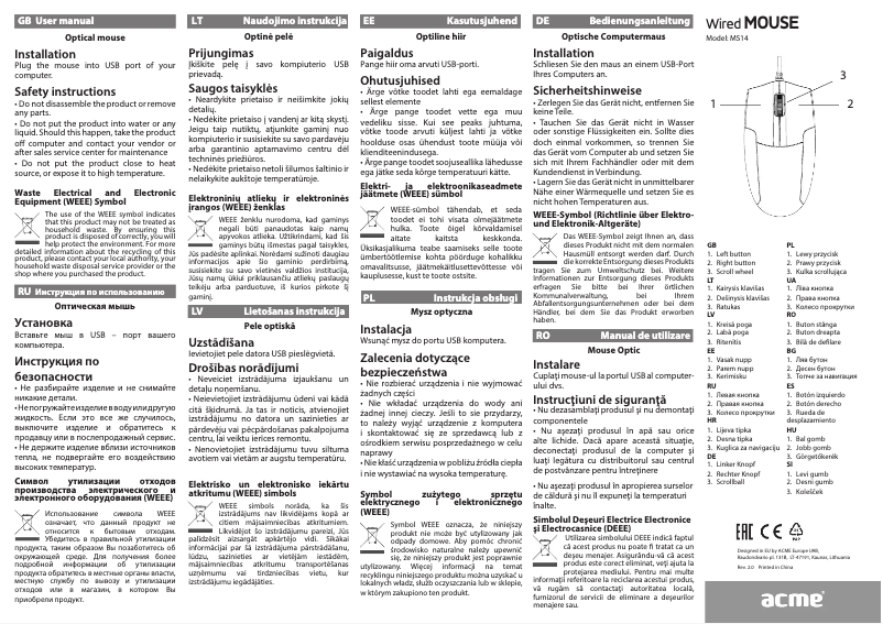 Page 1 de la notice Manuel utilisateur Acme MS14
