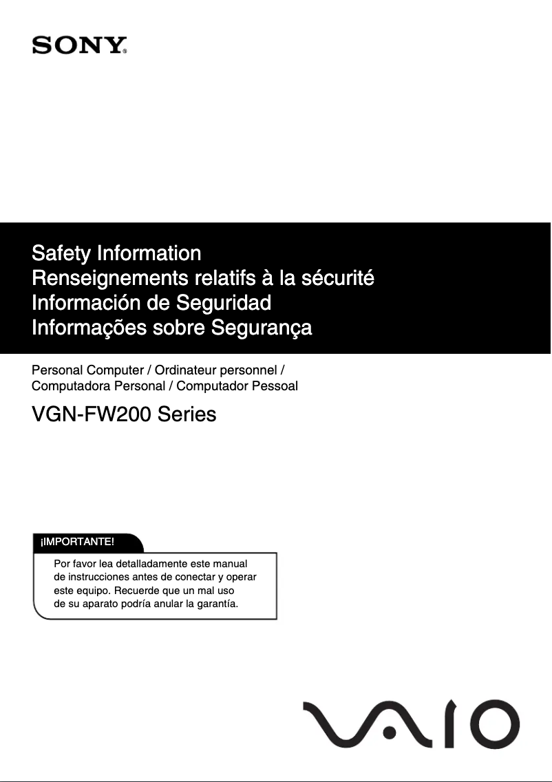 Page 1 of the manual Safety Instructions Sony Vaio VGN-FW235J