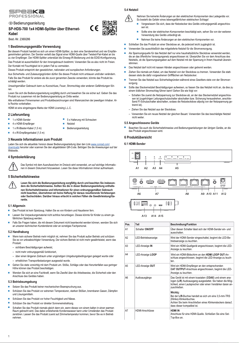 Page 1 of the manual User Manual Speaka SP-HDS-700