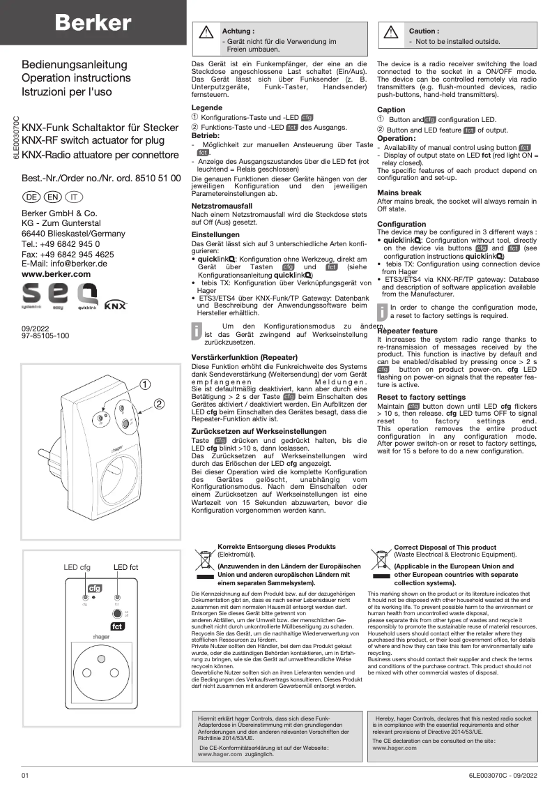 Page 1 of the manual User Manual Berker 85105100