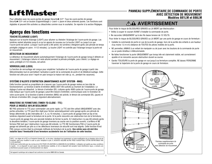 Page 1 of the manual User Manual LiftMaster 886LM
