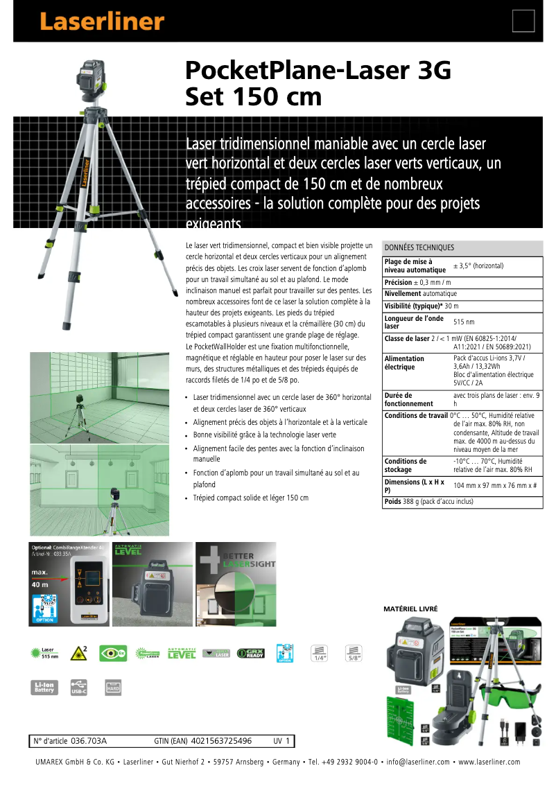 Page 1 of the manual Technical Sheet Laserliner PocketPlane-Laser 3G