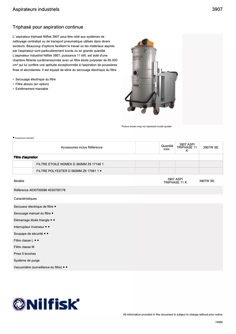 Page 1 of the manual Technical Sheet Nilfisk 3907W