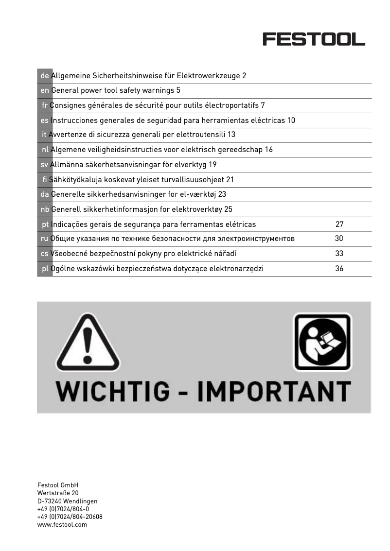 Page 1 of the manual Safety Instructions Festool TDC 18/4 5,2/4,0 I-Plus