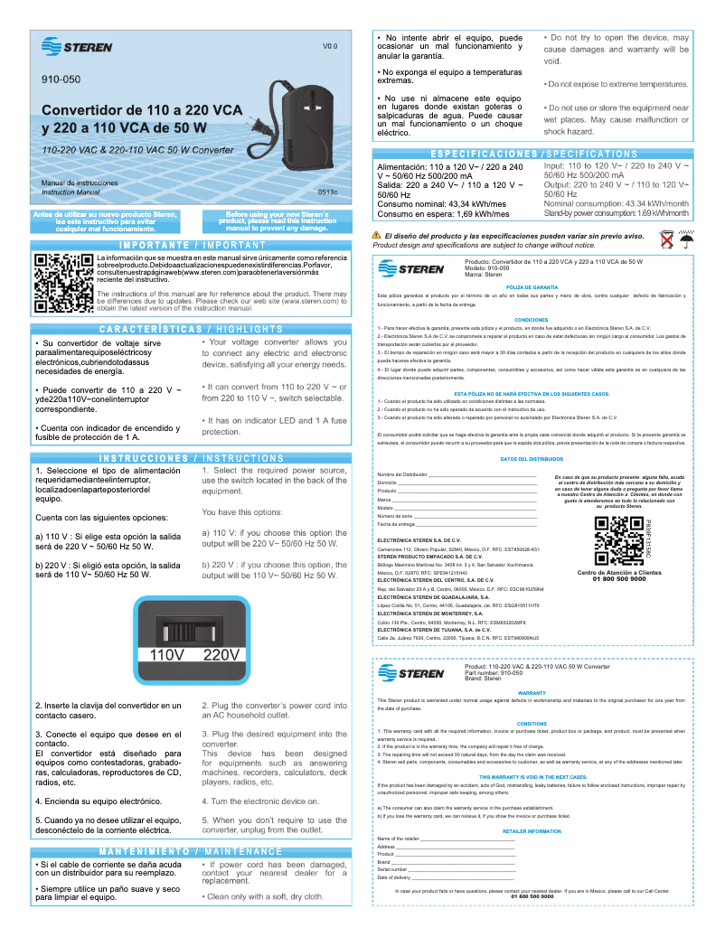 First page image of the manual for 910-050