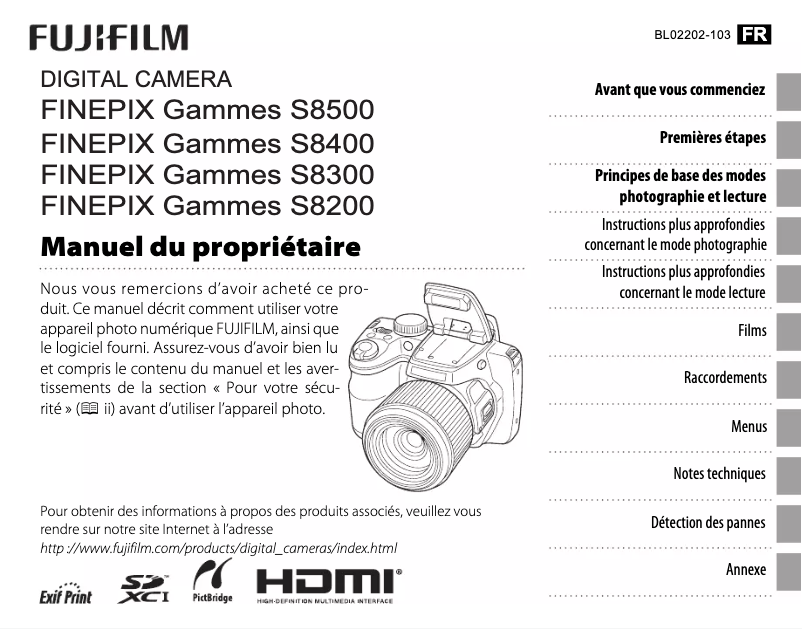 Page 1 de la notice Manuel utilisateur Fujifilm FinePix S8300