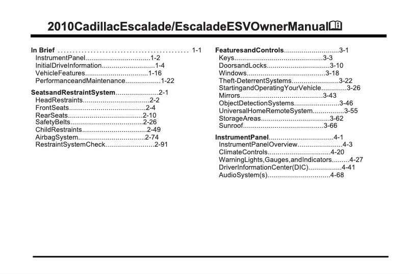 First page image of the manual for Escalade ESV (2010)