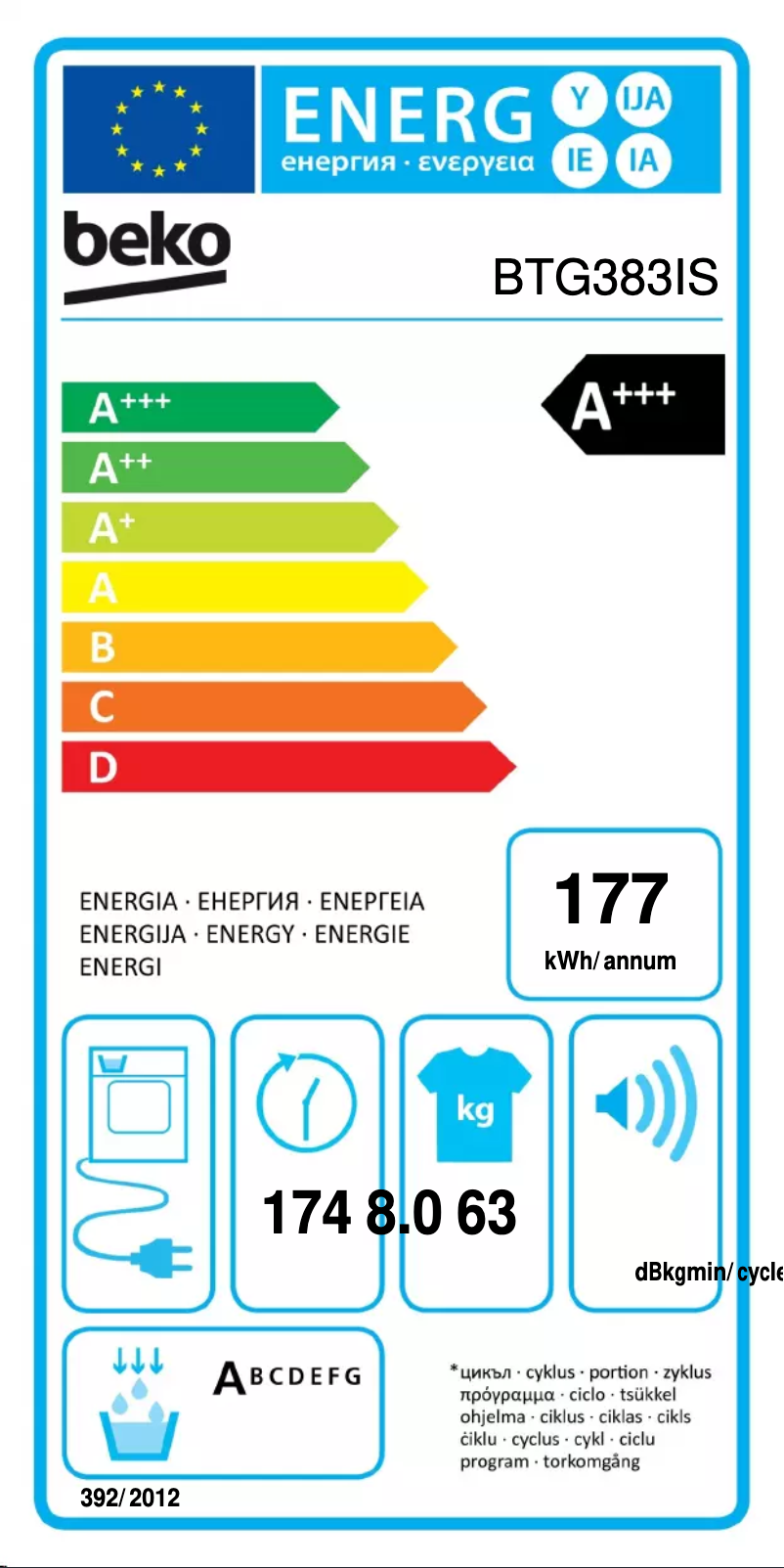 Page 1 of the manual Energy Label Beko BTG383IS