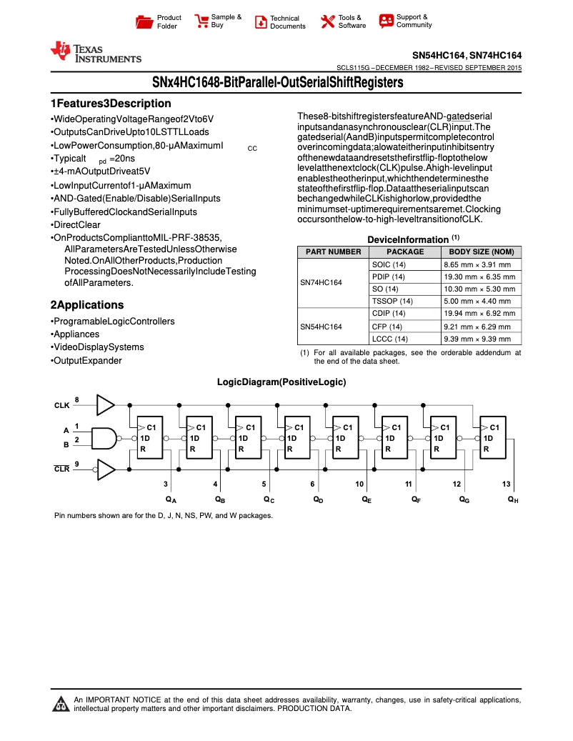 Page 1 of the manual User Manual Texas Instruments SN74HC164D