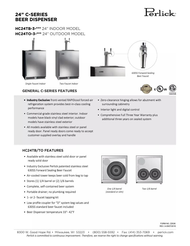 Page 1 of the manual Technical Sheet Perlick C-Series HC24TB-3-1L2