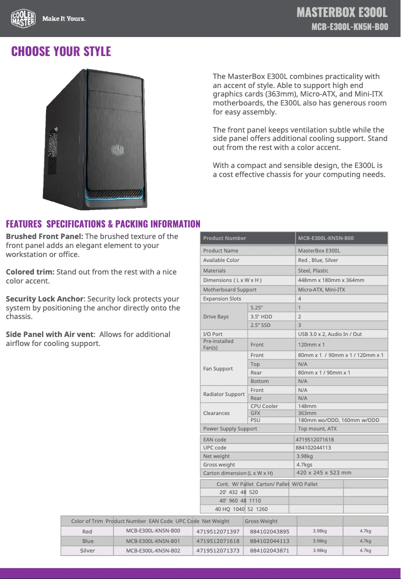 First page image of the manual for MasterBox E300L
