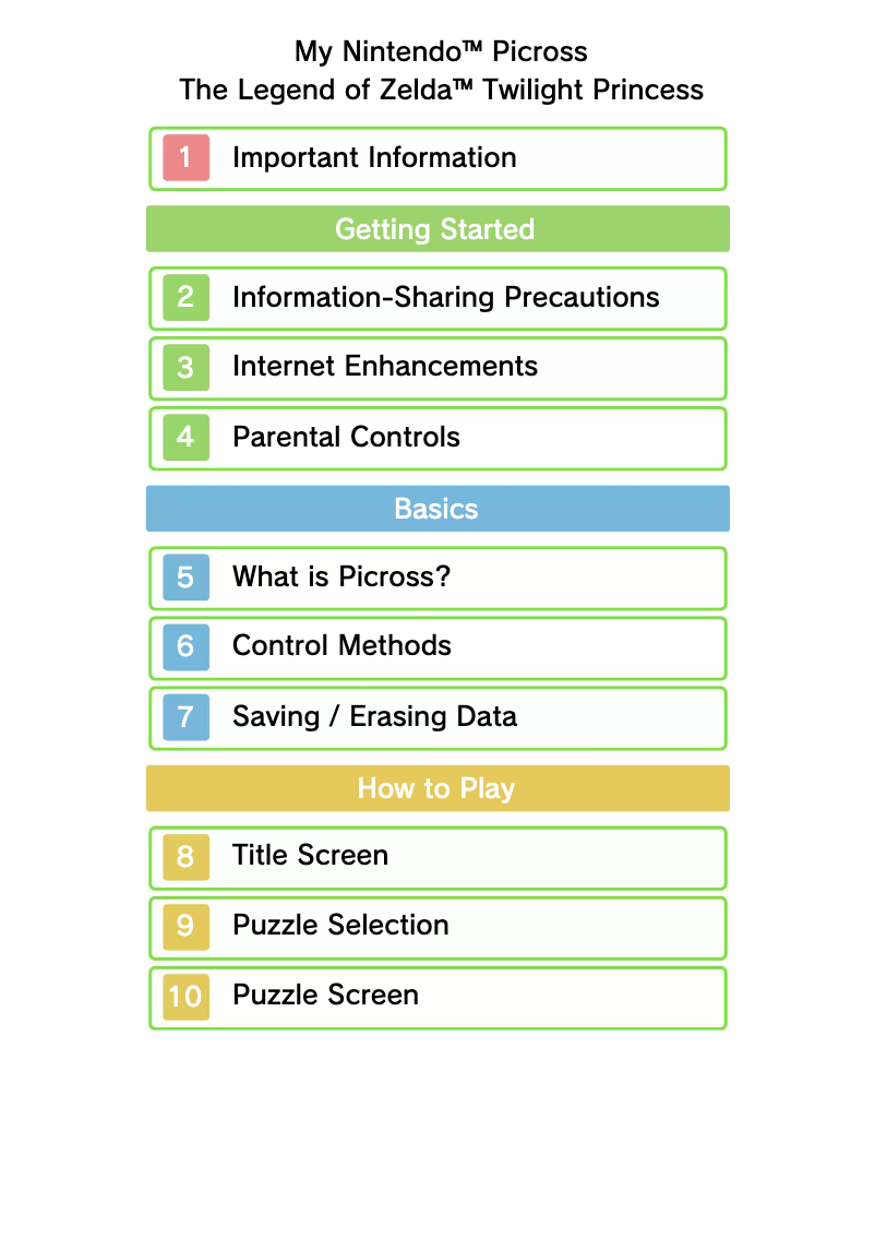 Page 1 of the manual User Manual Nintendo The Legend of Zelda - Twilight Princess My Ninteno Picross (3DS)