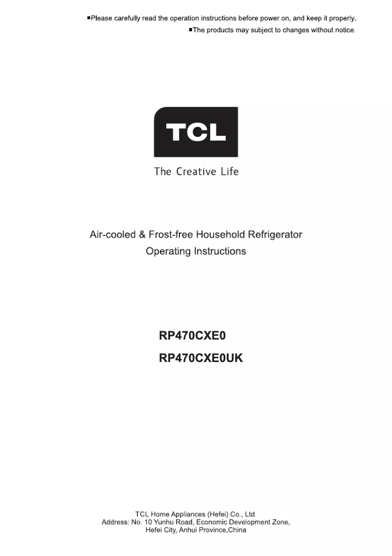 Page 1 of the manual Technical Sheet TCL RP470CXE0