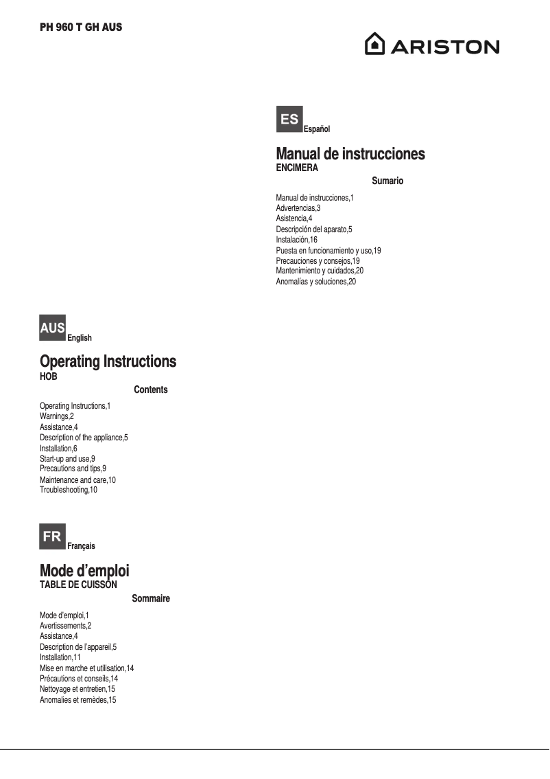 Page 1 of the manual User Manual Ariston Thermo PH 960 TGH AUS