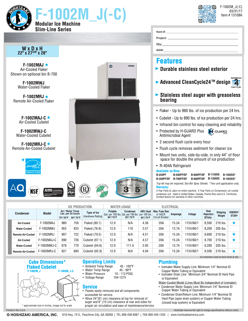 Page 1 of the manual Technical Sheet Hoshizaki F-1002MWJ