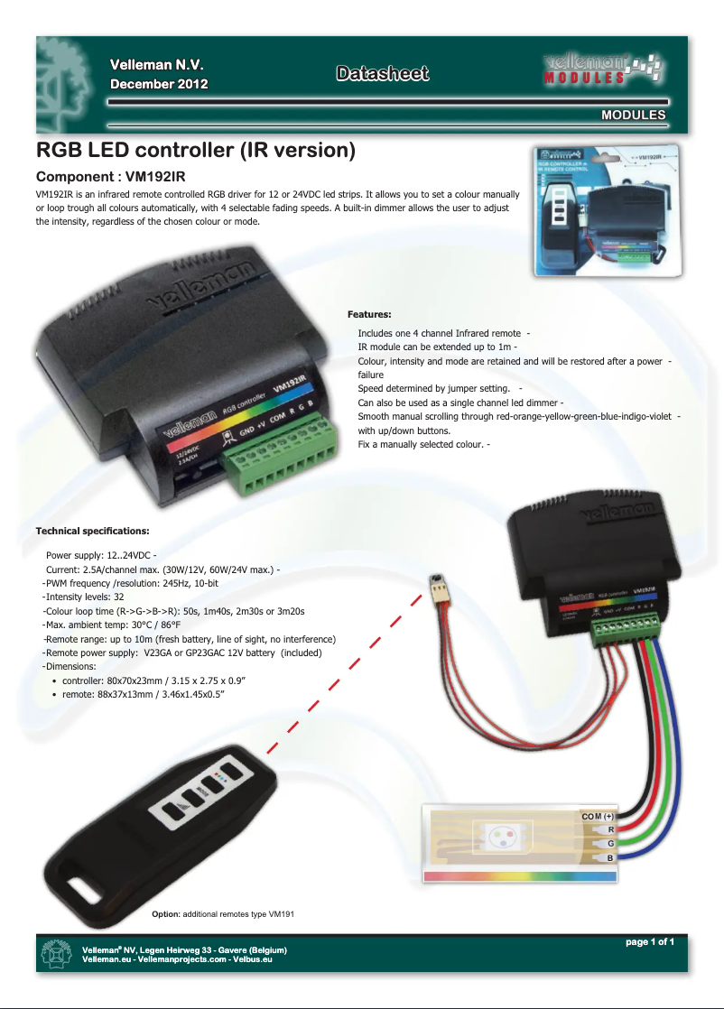 Page 1 of the manual Technical Sheet Velleman VM192IR