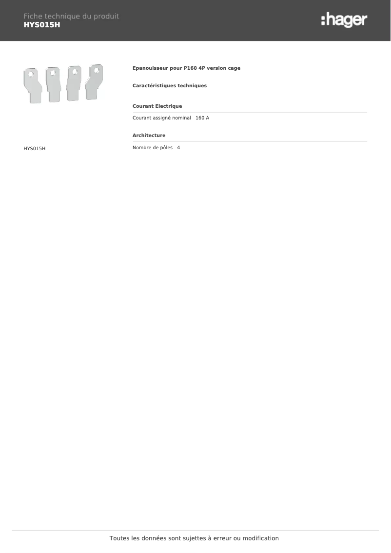 Page 1 of the manual Technical Sheet Hager HYS015H
