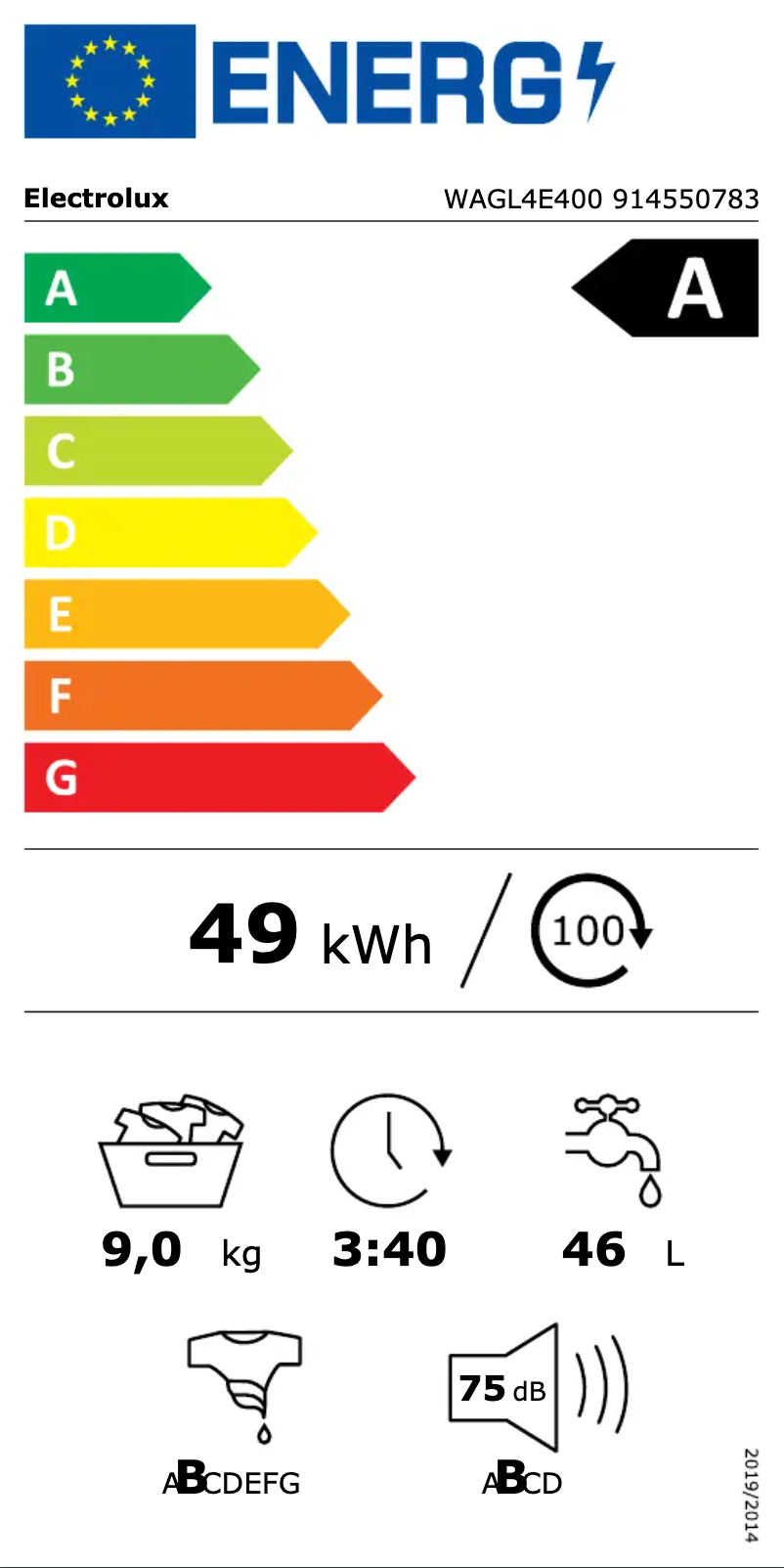 Page 1 of the manual Energy Label Electrolux WAGL4E400