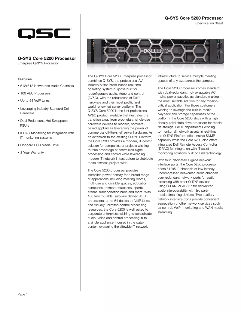 Page 1 of the manual Technical Sheet QSC Core 5200