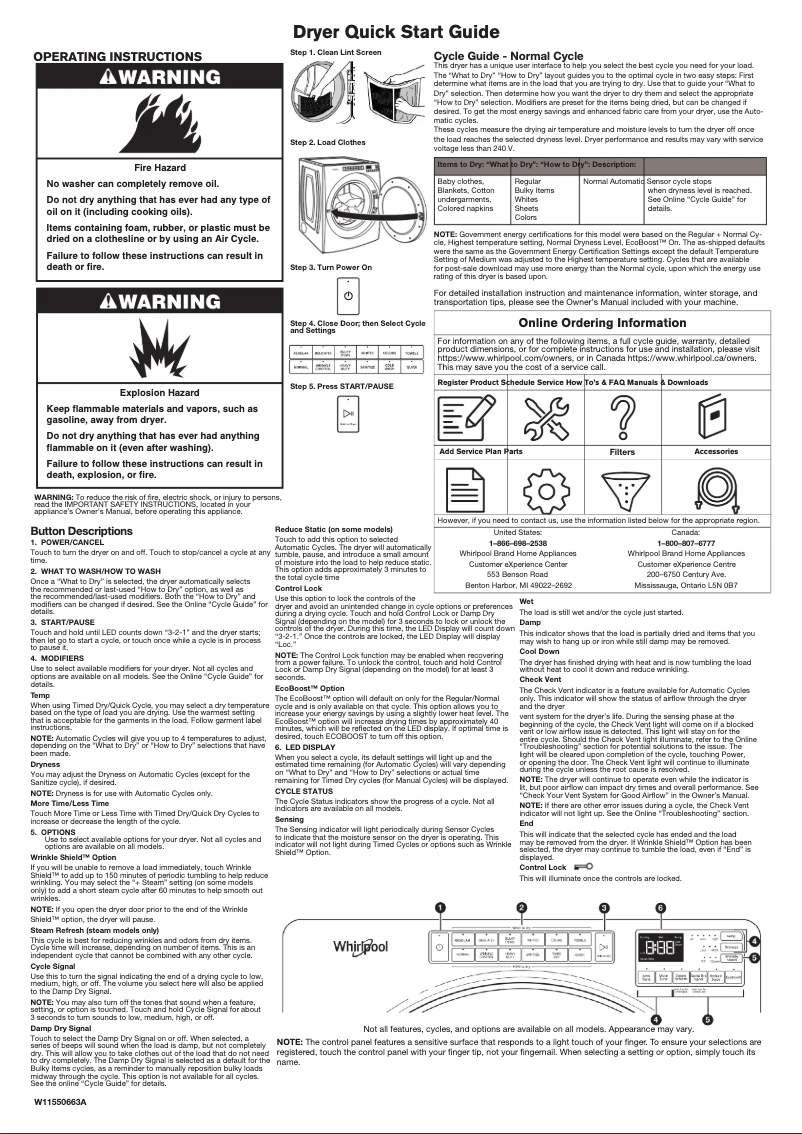 Page 1 of the manual Quick Start Guide Whirlpool WED9620HC