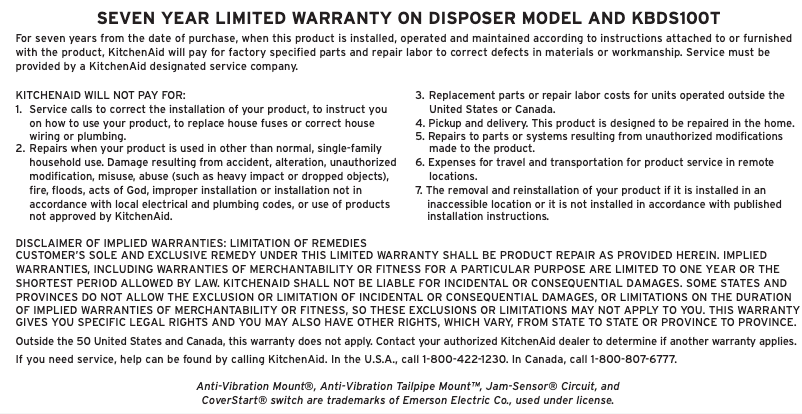 Page 1 of the manual Warranty Information KitchenAid KBDS100T