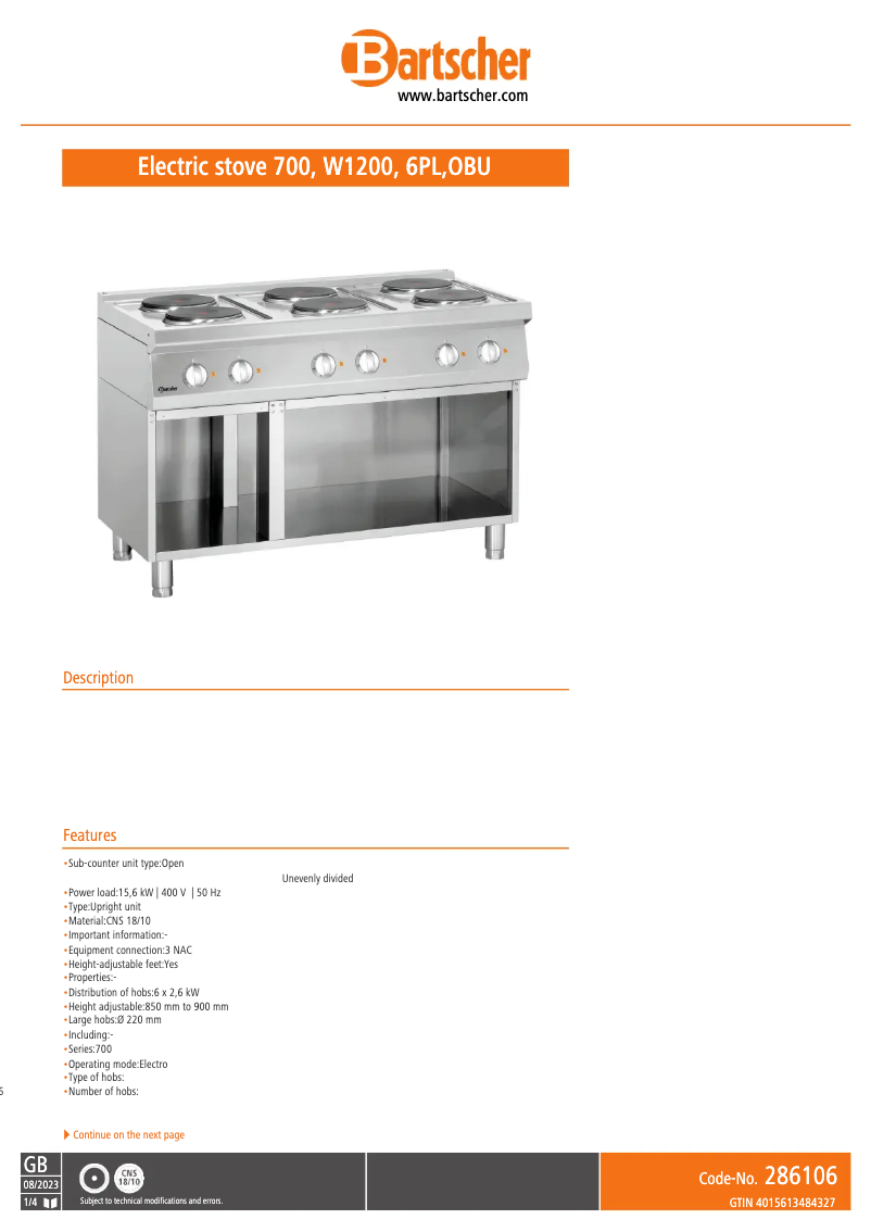 Page 1 of the manual Technical Sheet Bartscher 286106