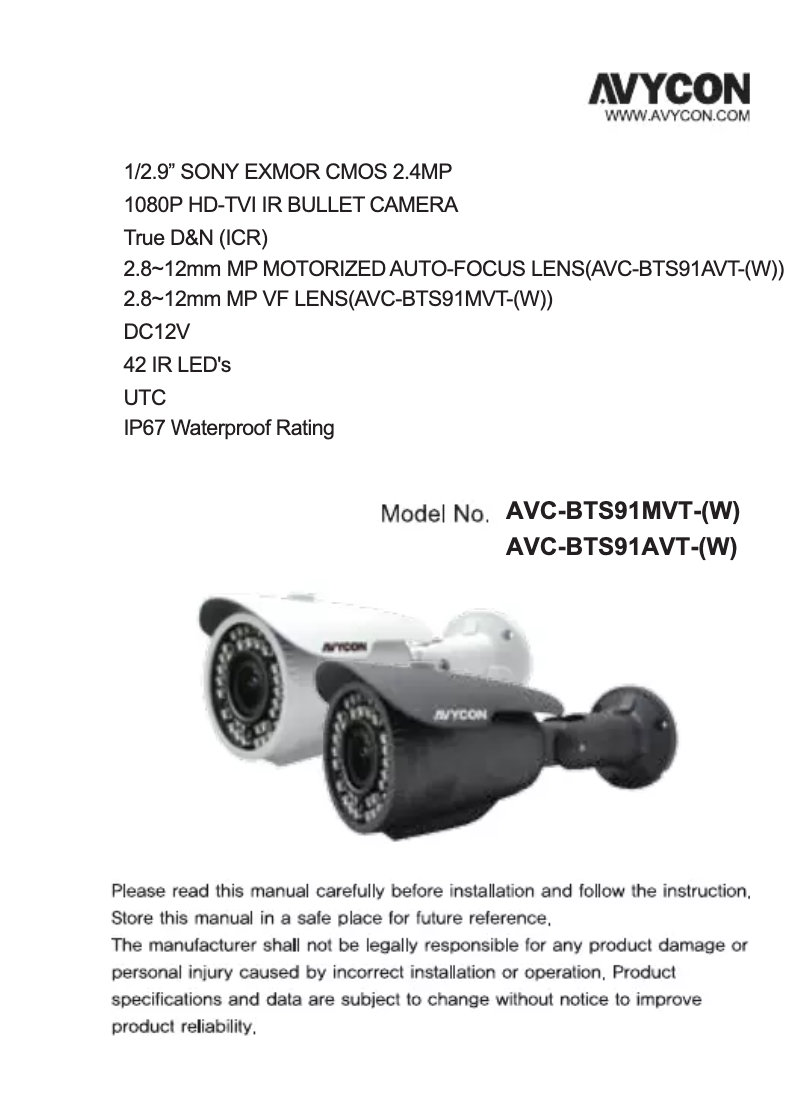 Page 1 of the manual User Manual Avycon AVC-BTS91AVT-W