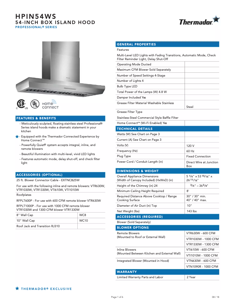 Page 1 of the manual Technical Sheet Thermador HPIN54WS