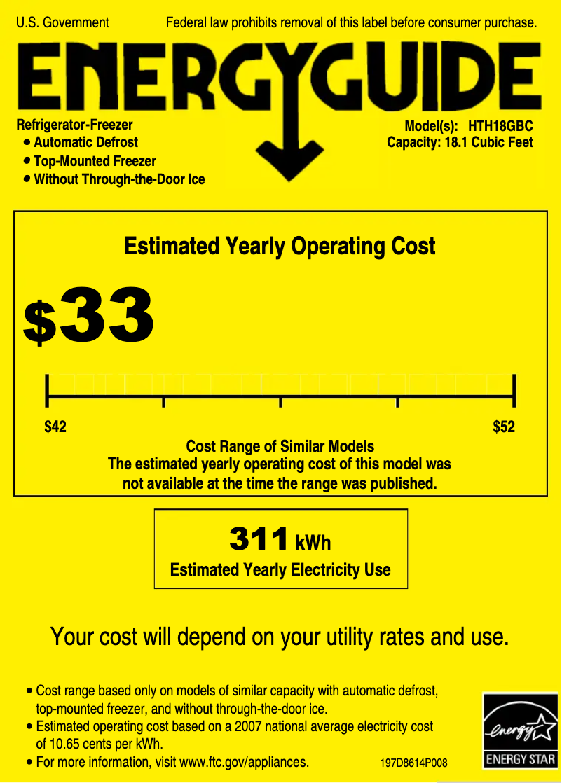 Page 1 of the manual Energy Label Hotpoint HTH18GBCWW