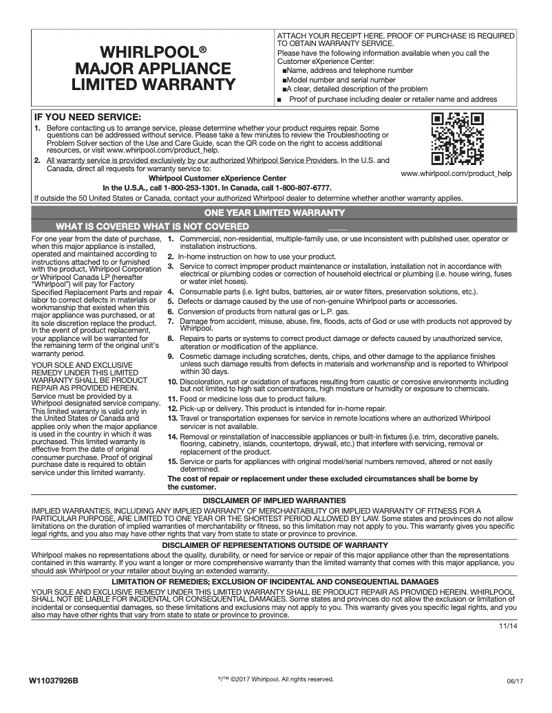 Page 1 of the manual Warranty Information Whirlpool WMHA9019HV