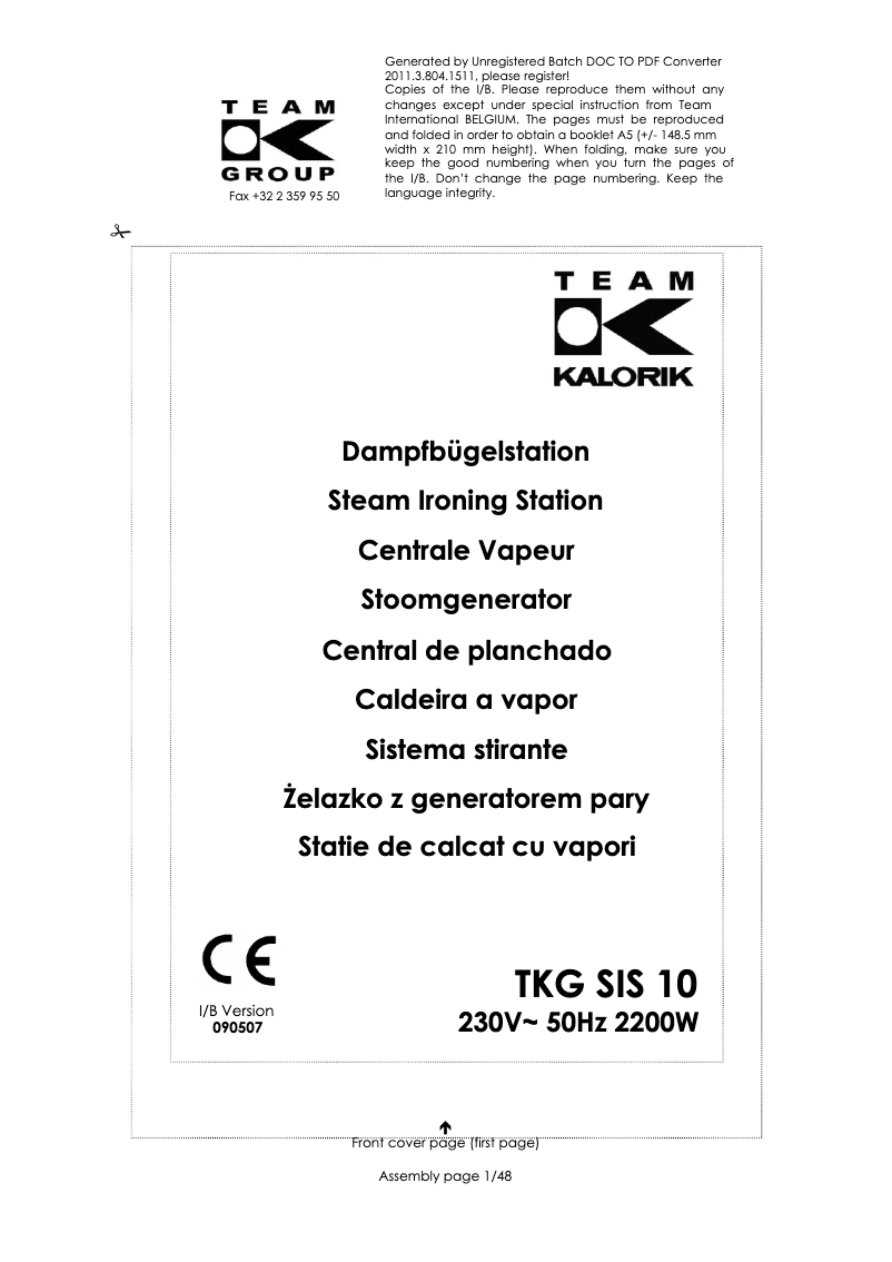 First page image of the manual for TKG SIS 10