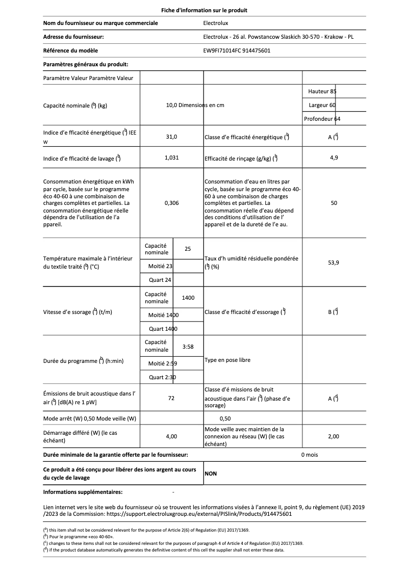 Page 1 of the manual Technical Sheet Electrolux EW9FI71014FC