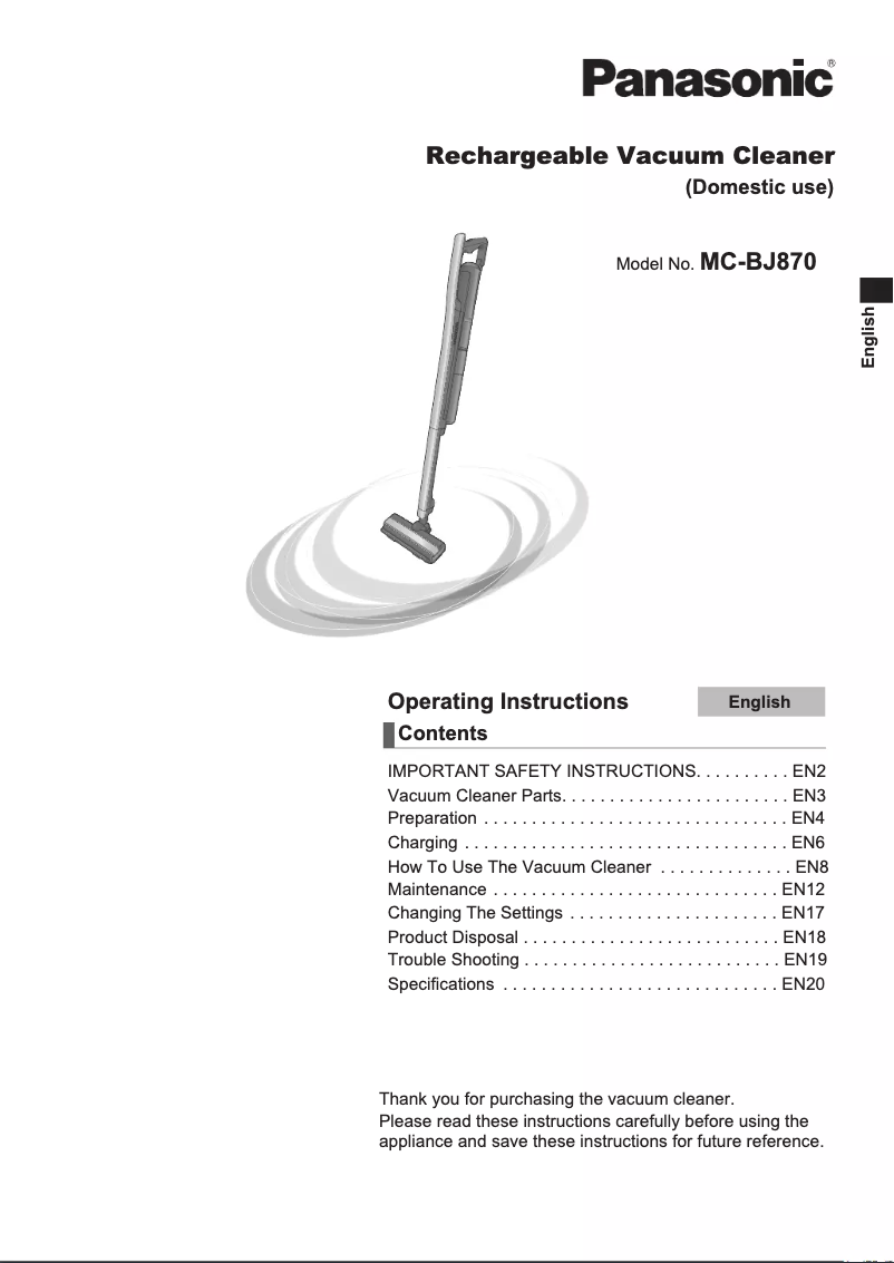 Page 1 of the manual User Manual Panasonic MC-BJ870