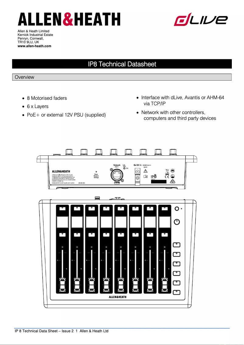 Page 1 of the manual Technical Sheet Allen & Heath IP8