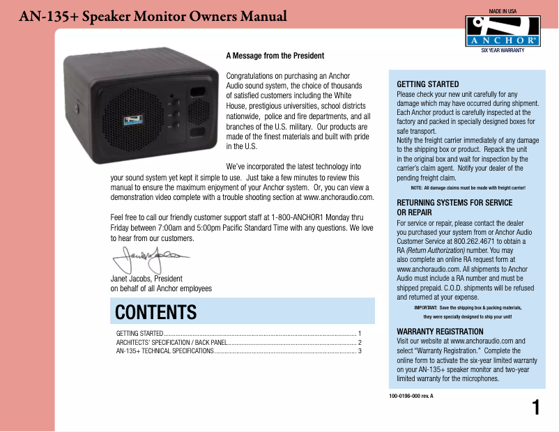 Page 1 de la notice Manuel utilisateur Anchor Audio AN-135