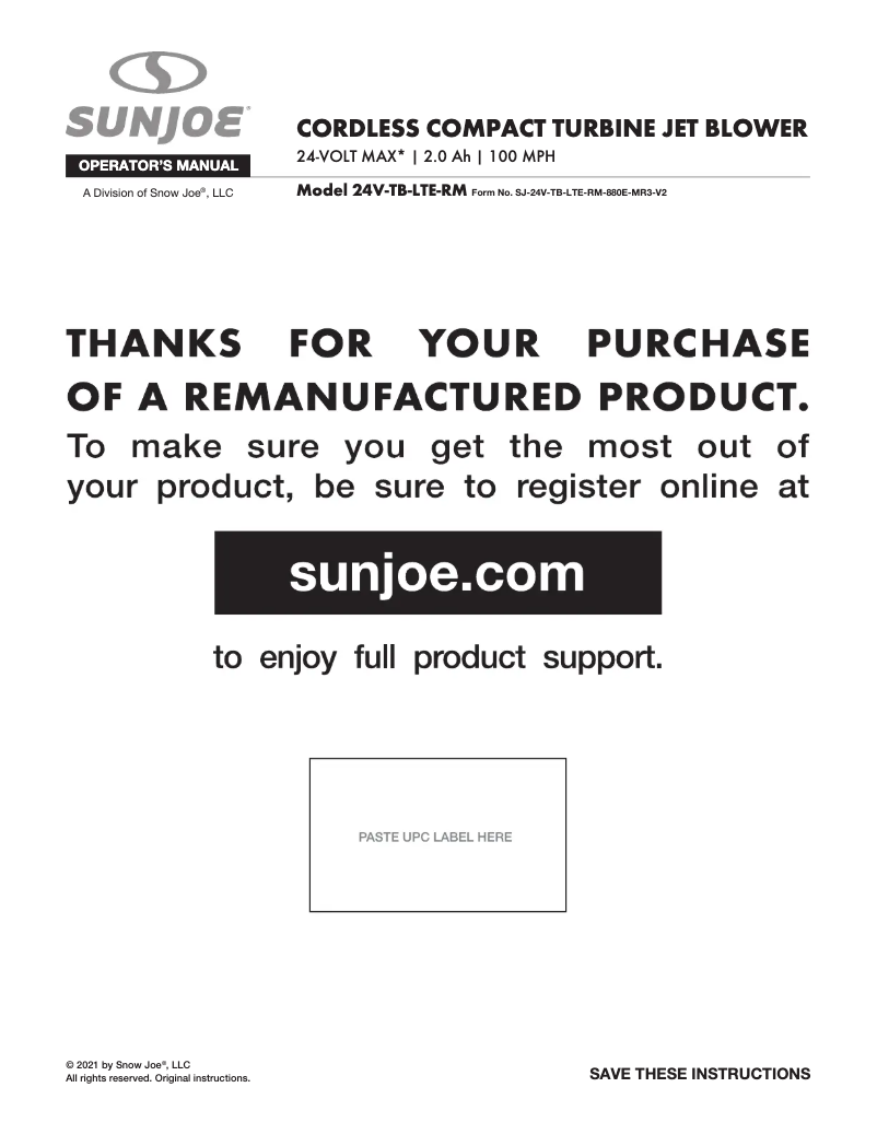 Page 1 of the manual User Manual Sun Joe 24V-TB-LTE-SJG-RM