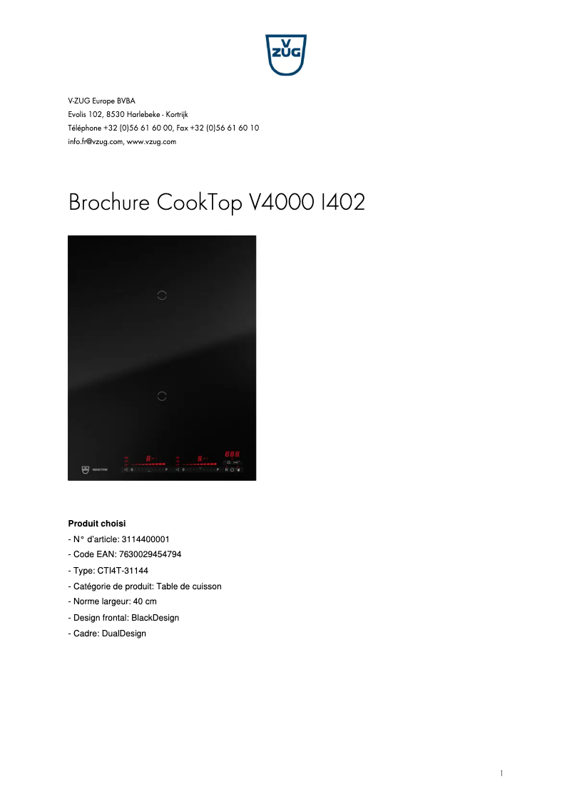 First page image of the manual for CookTop V4000 I402